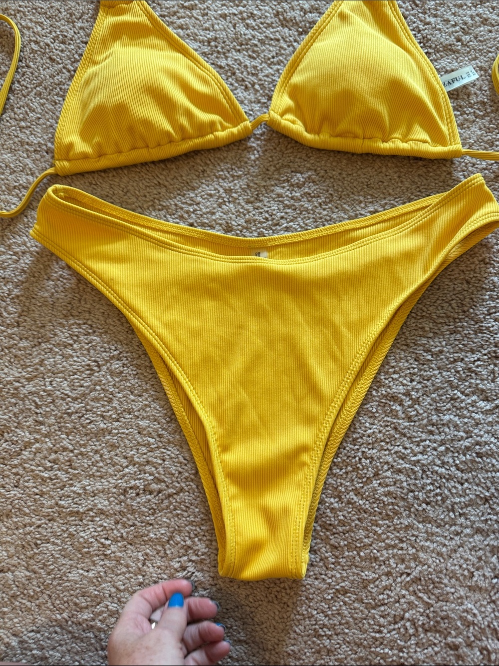 Zaful Bright Yellow Ribbed Triangle Bikini - Picture 6 of 9